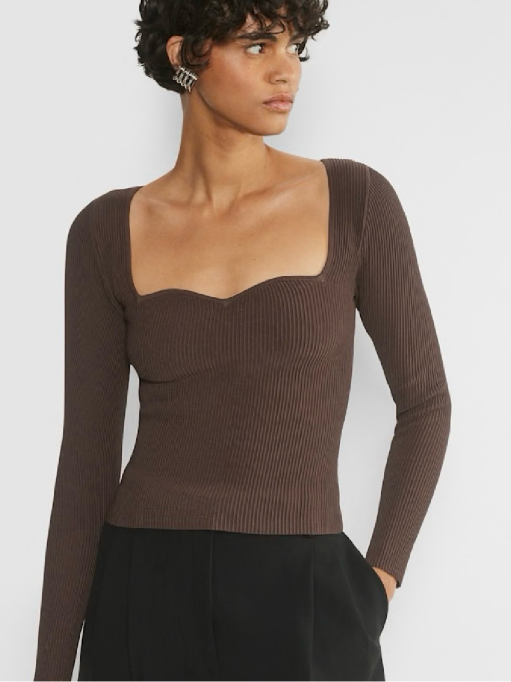 Babaton Aritzia XS Sculpt Knit Sweetheart Long Sleeve Top Brown Ribbed - Picture 2 of 10